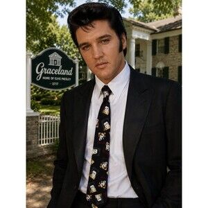 Coretti Elvis Presley Portrait Silk Neck Tie Black Novelty Vintage Rock & Roll